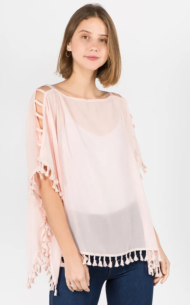 PP1C73 Solid Open Shoulder Poncho with Tassels