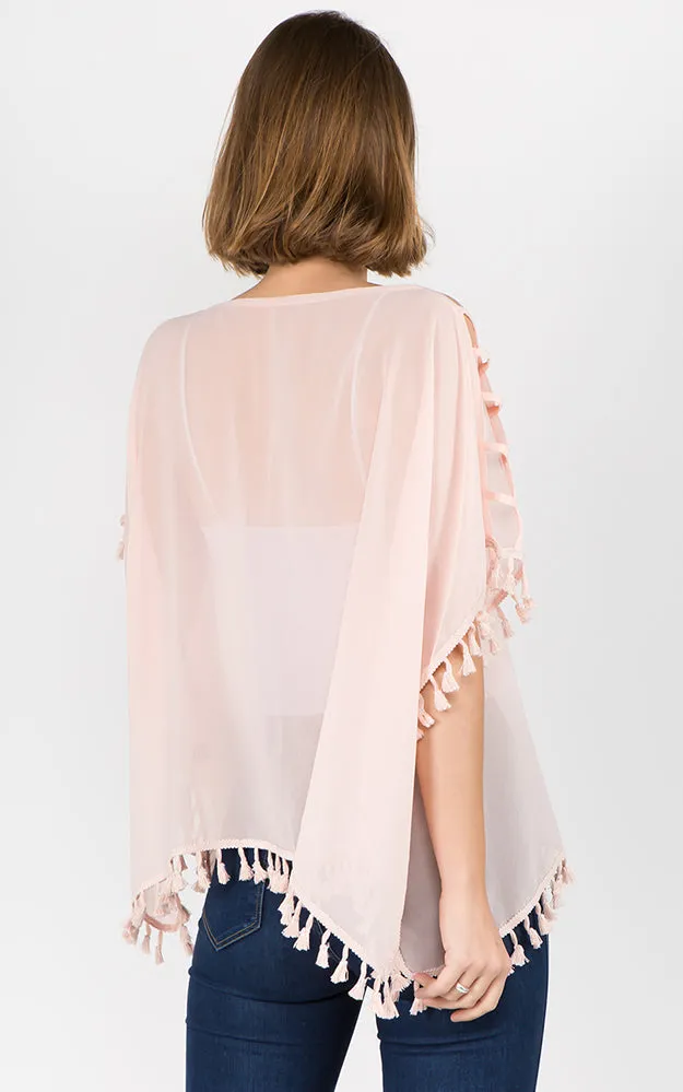 PP1C73 Solid Open Shoulder Poncho with Tassels