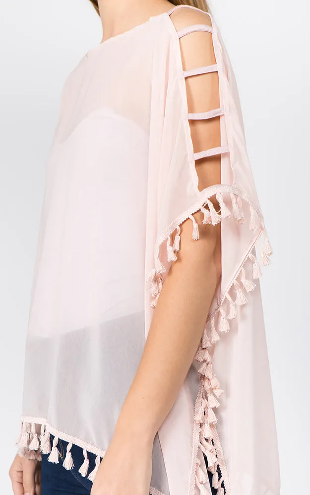 PP1C73 Solid Open Shoulder Poncho with Tassels