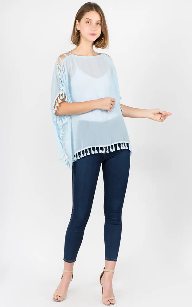 PP1C73 Solid Open Shoulder Poncho with Tassels
