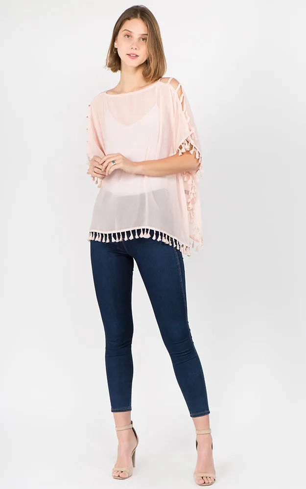 PP1C73 Solid Open Shoulder Poncho with Tassels