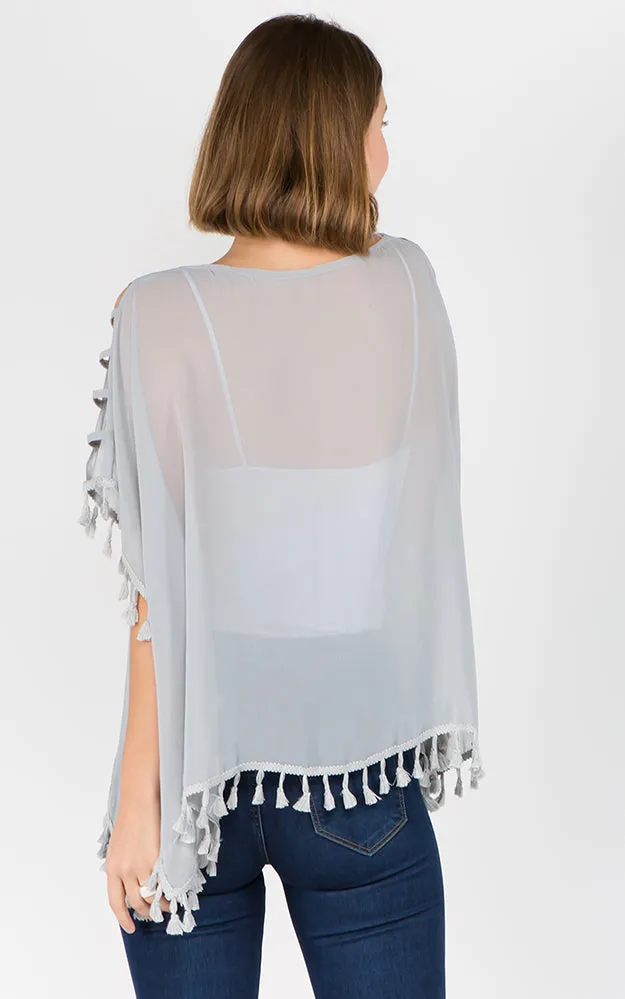 PP1C73 Solid Open Shoulder Poncho with Tassels