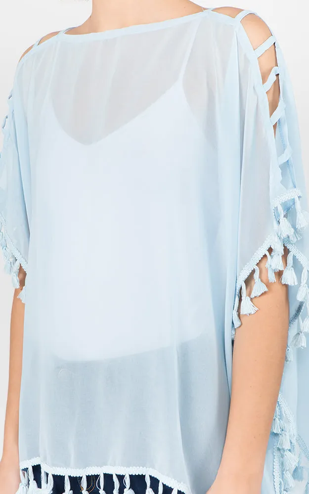 PP1C73 Solid Open Shoulder Poncho with Tassels