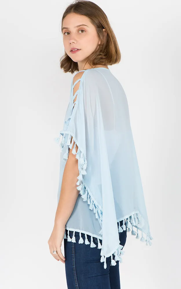 PP1C73 Solid Open Shoulder Poncho with Tassels