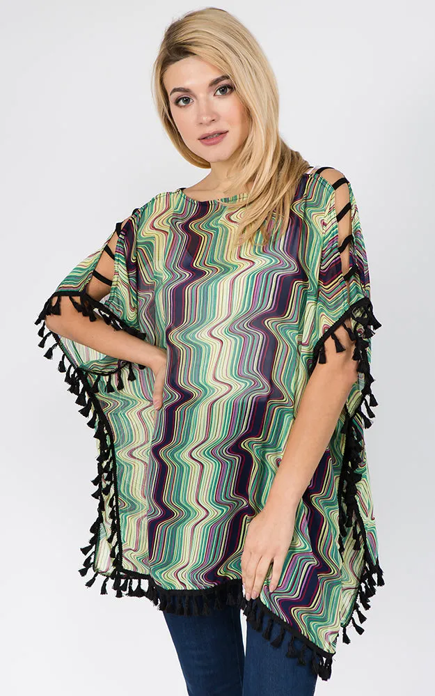 PP1C74 Wave Print Open Shoulder Poncho with Tassels