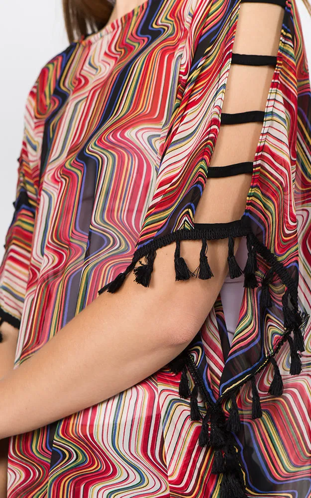 PP1C74 Wave Print Open Shoulder Poncho with Tassels