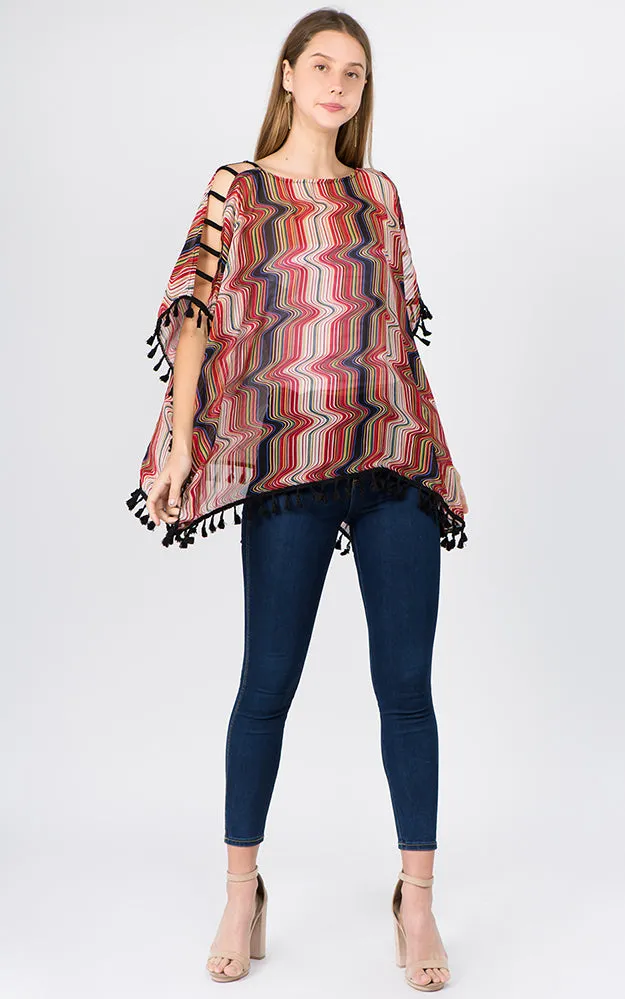 PP1C74 Wave Print Open Shoulder Poncho with Tassels