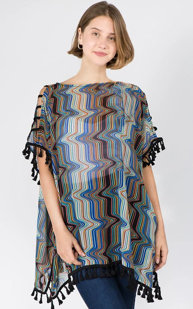 PP1C74 Wave Print Open Shoulder Poncho with Tassels