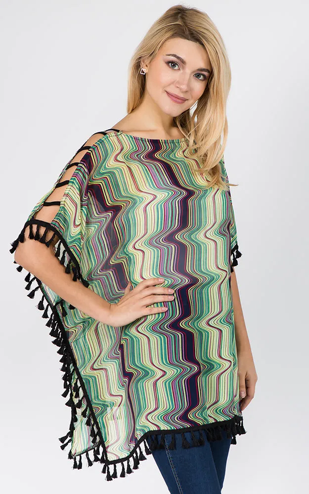 PP1C74 Wave Print Open Shoulder Poncho with Tassels