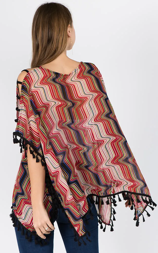 PP1C74 Wave Print Open Shoulder Poncho with Tassels