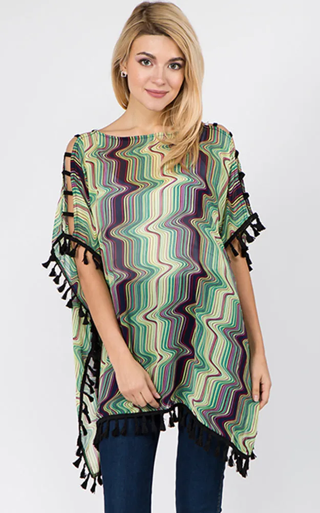 PP1C74 Wave Print Open Shoulder Poncho with Tassels