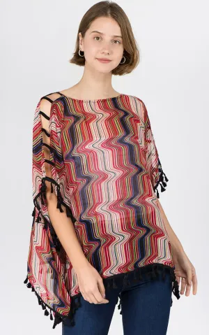 PP1C74 Wave Print Open Shoulder Poncho with Tassels