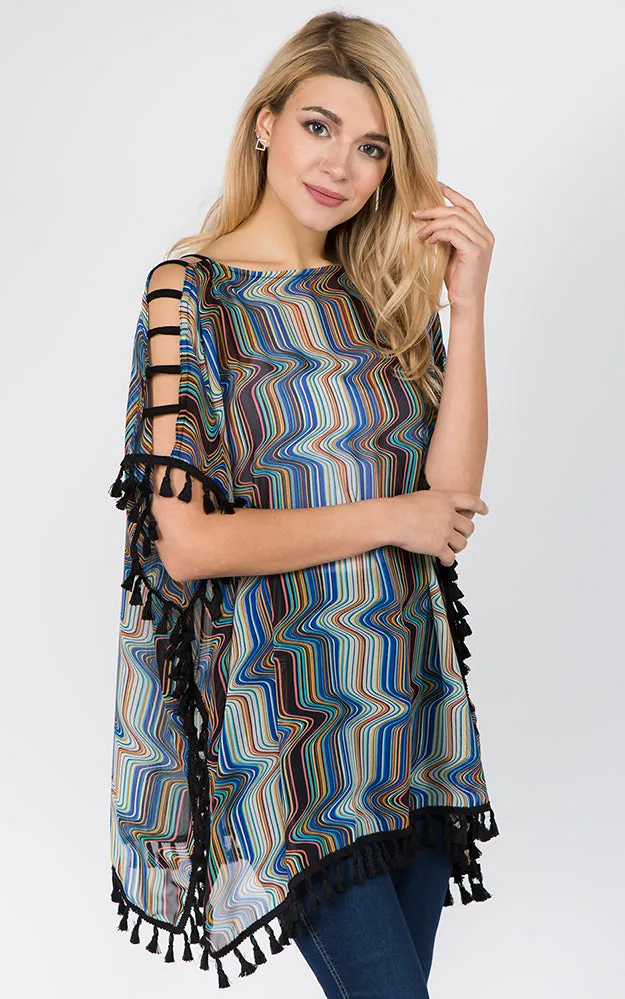 PP1C74 Wave Print Open Shoulder Poncho with Tassels