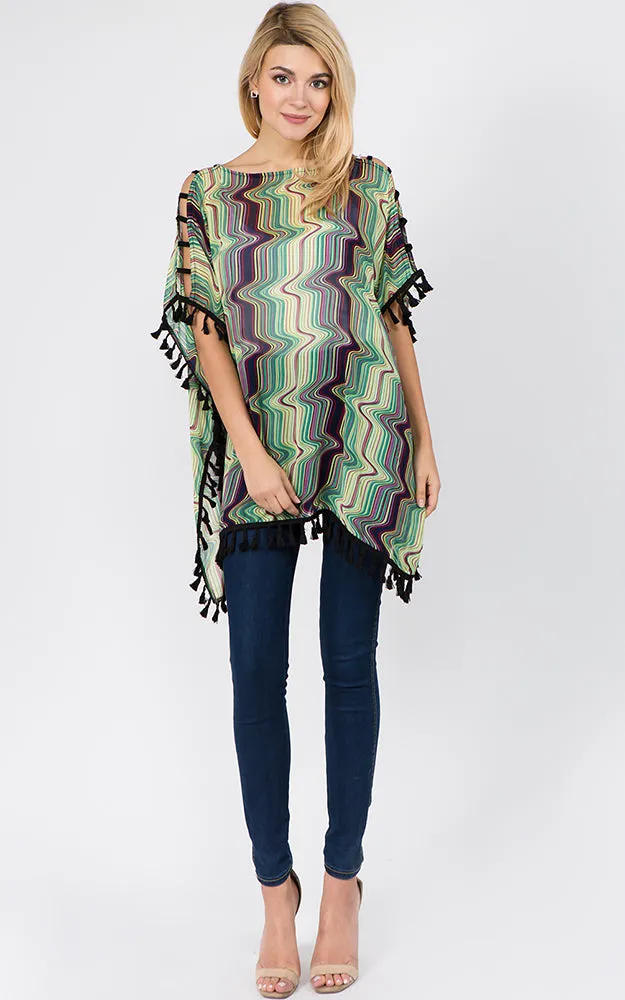 PP1C74 Wave Print Open Shoulder Poncho with Tassels