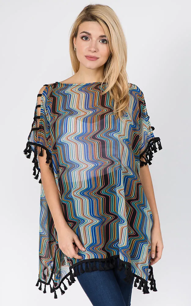PP1C74 Wave Print Open Shoulder Poncho with Tassels