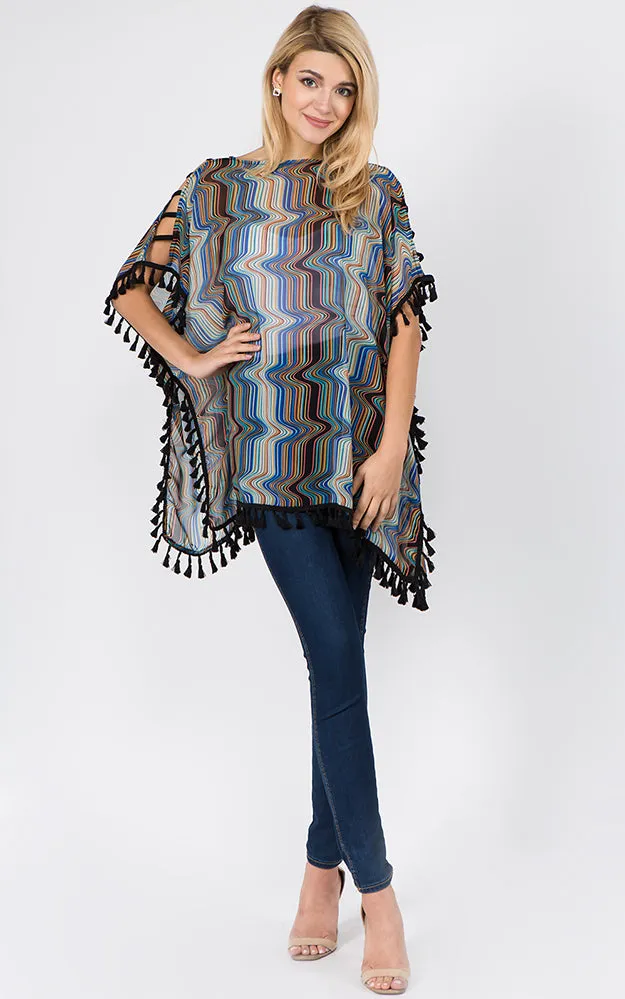 PP1C74 Wave Print Open Shoulder Poncho with Tassels