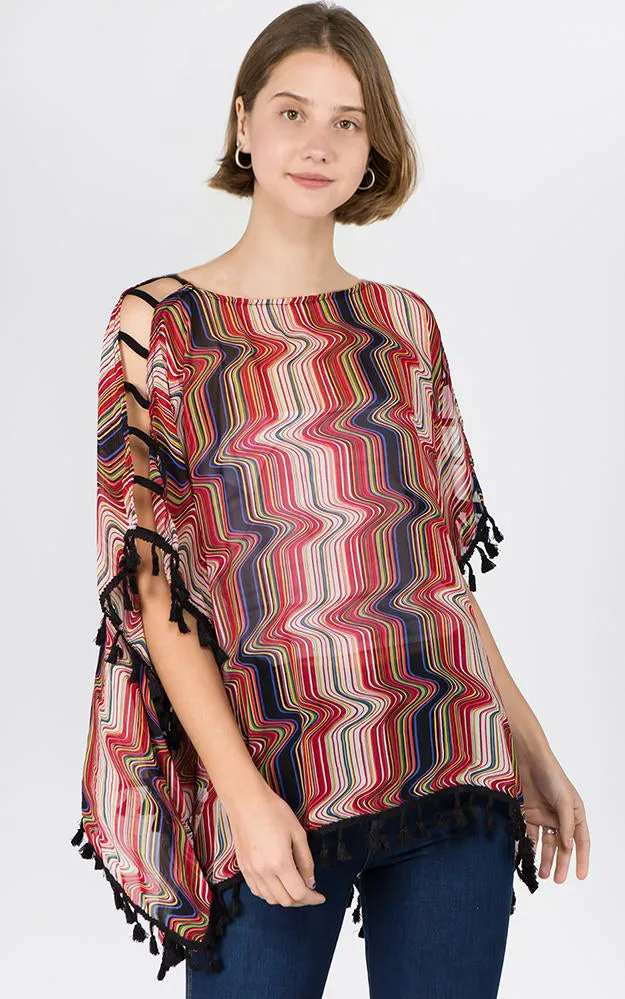 PP1C74 Wave Print Open Shoulder Poncho with Tassels