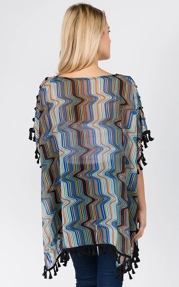 PP1C74 Wave Print Open Shoulder Poncho with Tassels