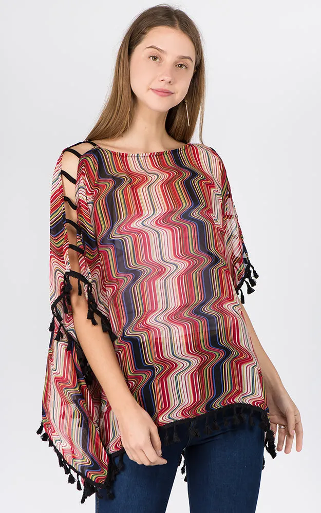 PP1C74 Wave Print Open Shoulder Poncho with Tassels