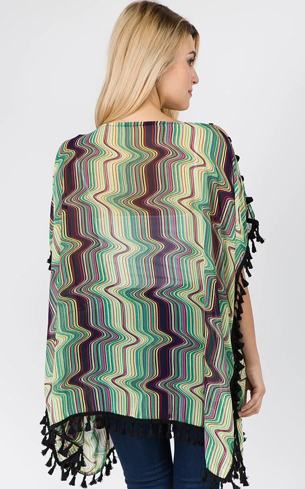 PP1C74 Wave Print Open Shoulder Poncho with Tassels