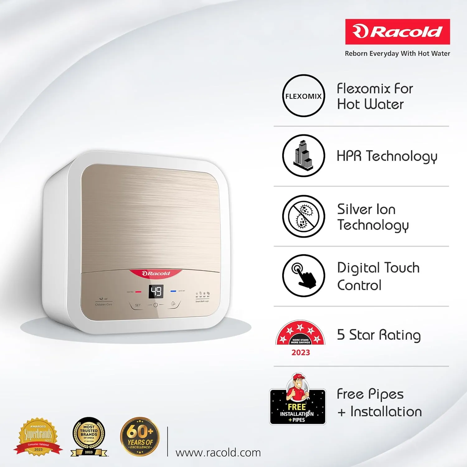 Racold Omnis DG 15L Vertical 5 Star Storage Water Heater (Geyser) Sandstorm Gold | Touch Control | Smart Bath Logic | Silver-Ion Technology | Auto Diagnosis | Free Installation & Pipes | 2kW