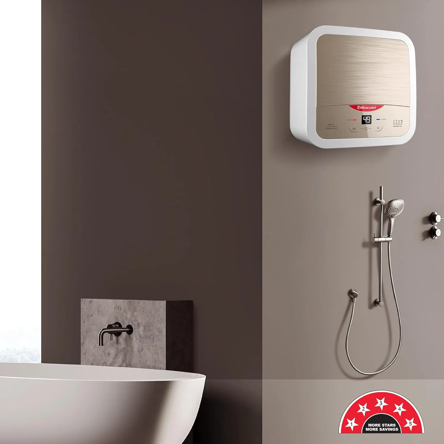 Racold Omnis DG 15L Vertical 5 Star Storage Water Heater (Geyser) Sandstorm Gold | Touch Control | Smart Bath Logic | Silver-Ion Technology | Auto Diagnosis | Free Installation & Pipes | 2kW