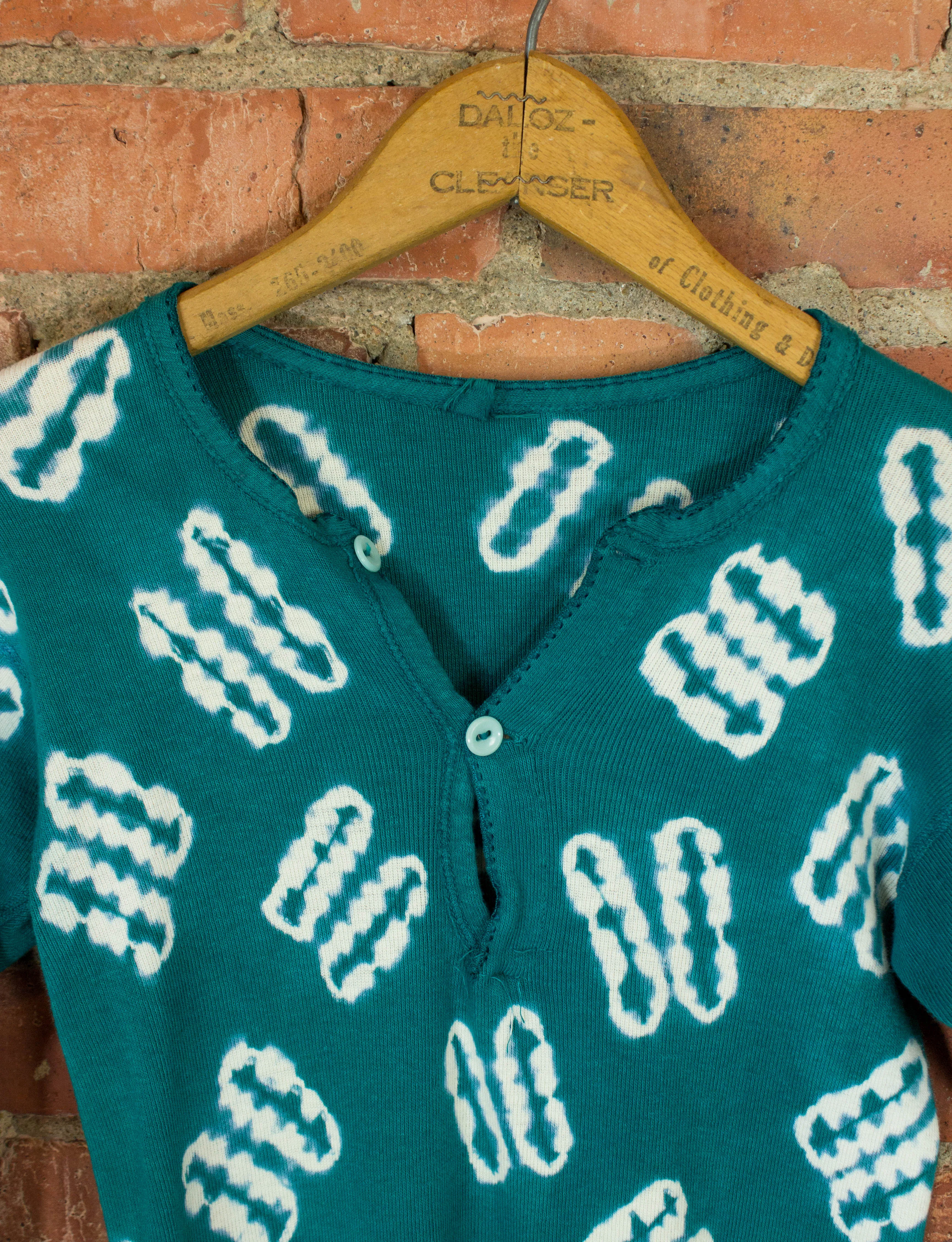 Vintage Mihitabel Tie Dye Henley 60s Teal Green and White XS