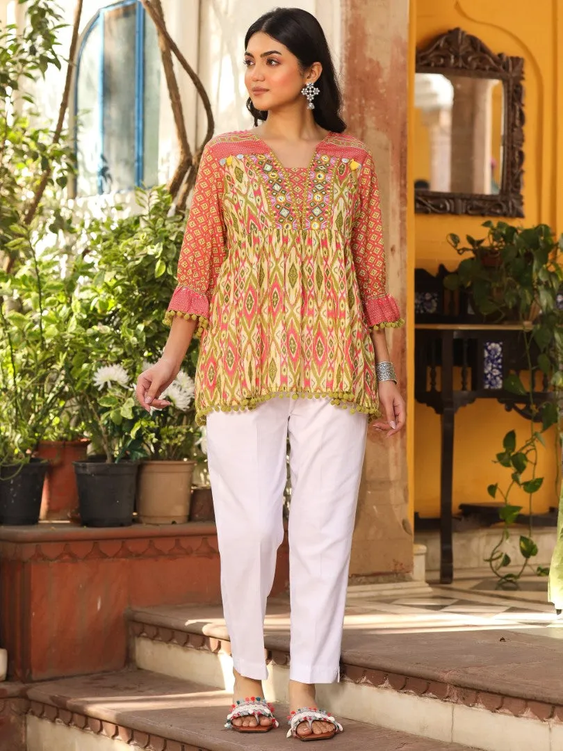 Women Ikat Printed & Embroidered Green Cotton Voile Peplum Tunic